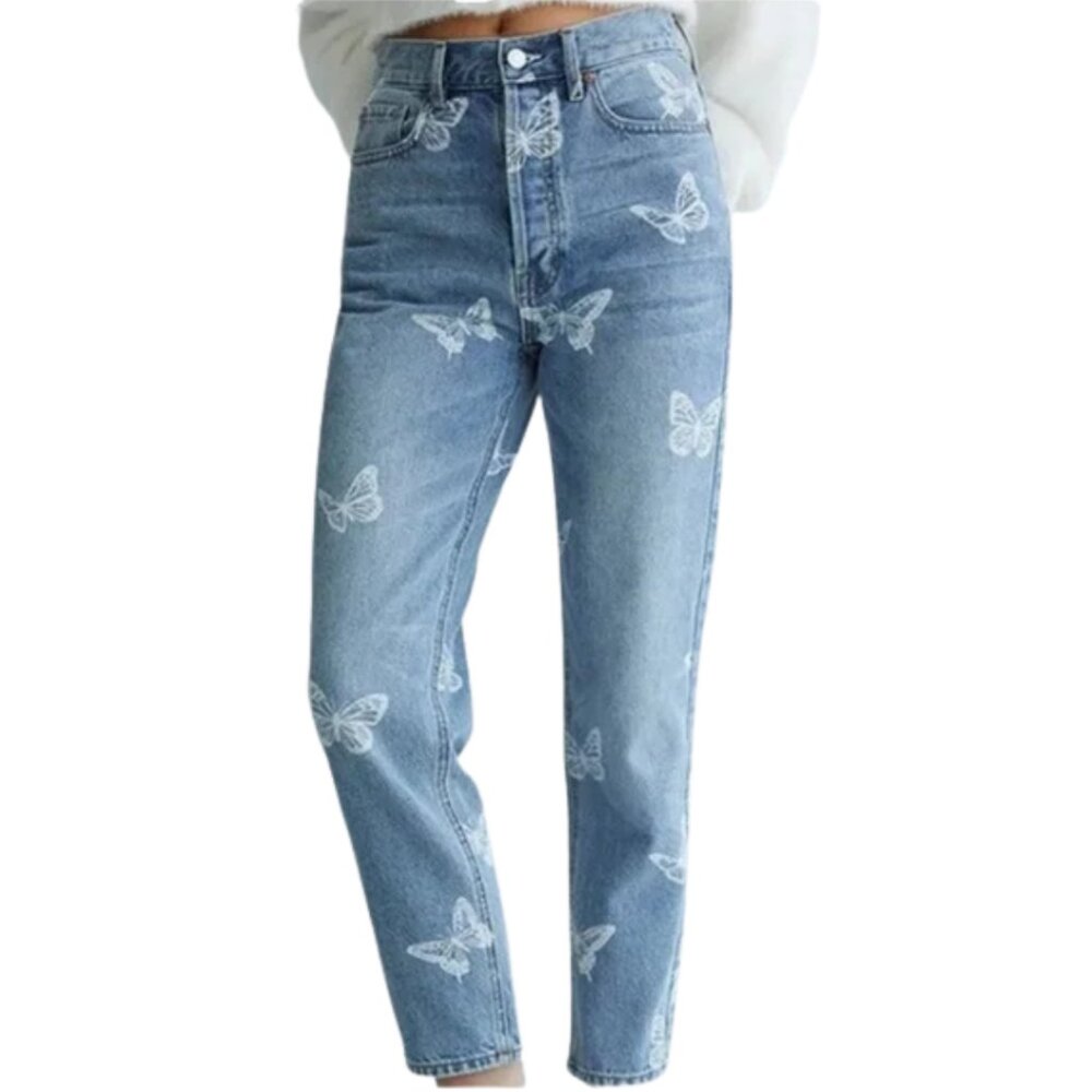 PACSUN Butterfly Print Jeans Ultra Hight Rise Slim Blue Denim Jeans 26